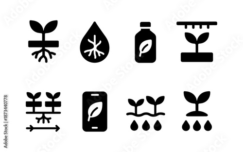 Smart agriculture icons representing modern farming techniques and plant growth
