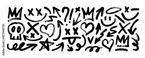 Punk and graffiti style brush drawn doodle shapes. Hand drawn bold brush star, arrow, skull and crown. Graffiti bold brush drawn figures for collages, grunge street art design, rock and roll aesthetic