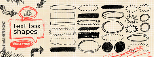 Crayon drawn text box collection. Rectangle and round shapes with pencil sketch texture. Vector ink illustration. Grunge crayon outline text boxes for notes. Hand drawn texture doodle shapes.