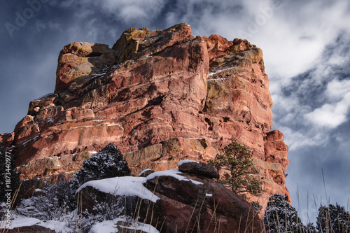 Colorado red rock formations in the snow.