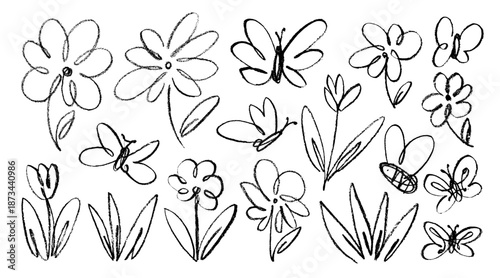 Crayon drawn flower and butterfly doodle collection. Hand drawn vector floral outline elements with pencil or chalk texture. Cute nature summer or spring black clipart. Simple daisy and butterfly.