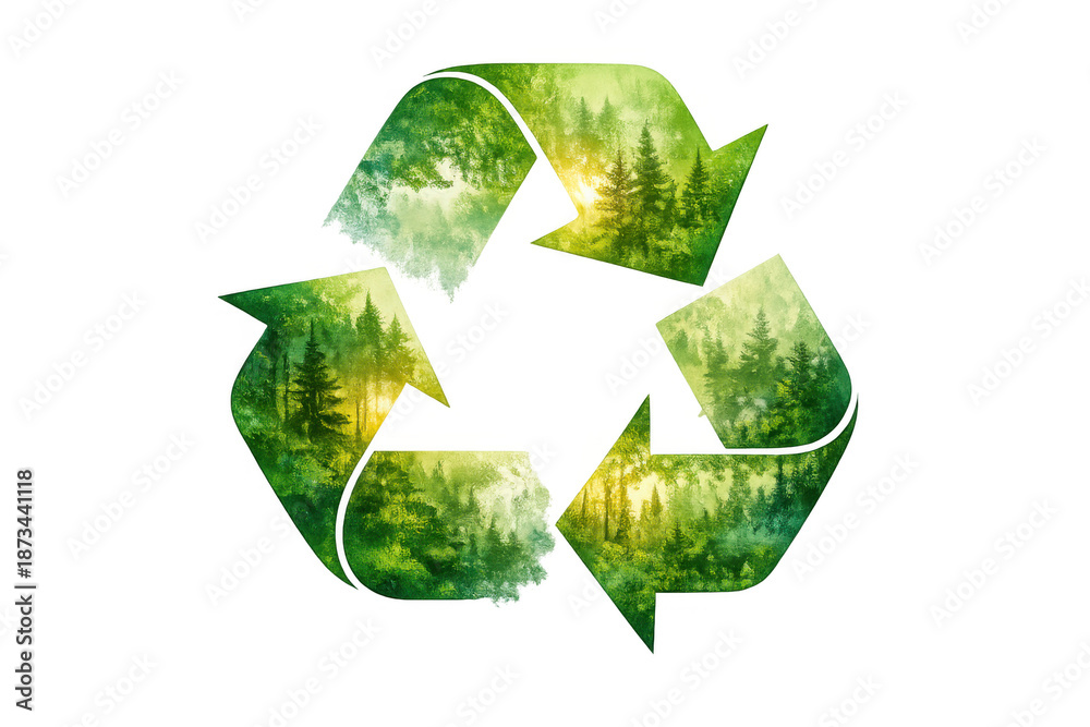 Fototapeta premium Recycling symbol with green forest and pine trees, promoting sustainability, eco-friendly concepts, and environmental conservation with a transparent background