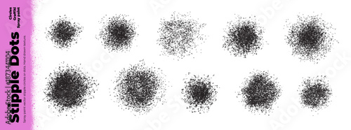 Stippled radial brush strokes and dissolve spray paint dots collection. Stipple graffiti round shapes, dust powder aerosol effect. Small particles shade effect. Gradient scatter texture dots.