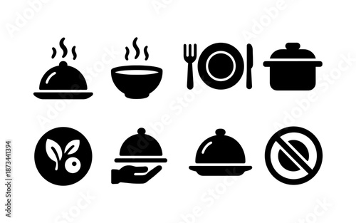 Collection of food and dining icons representing meals, ingredients, and restrictions