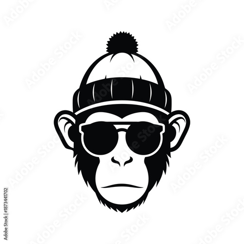 Funny Monkey Face Vector Illustration Wearing Sunglasses and Beanie Hat