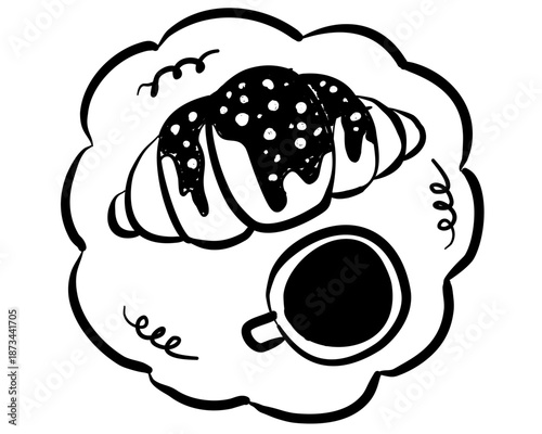 Hand-drawn Breakfast Croissant and Coffee. Vector Italian croissant with cup of coffee or tea morning brunch doodle illustration.