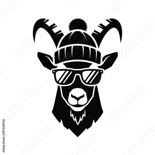 Hipster Goat Face Vector Mascot Wearing Sunglasses and Winter Beanie