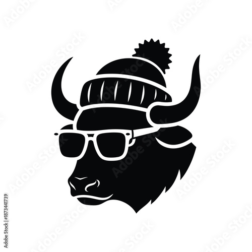 Minimalist Vector Illustration of a Cool Buffalo Head Wearing a Winter Beanie and Sunglasses