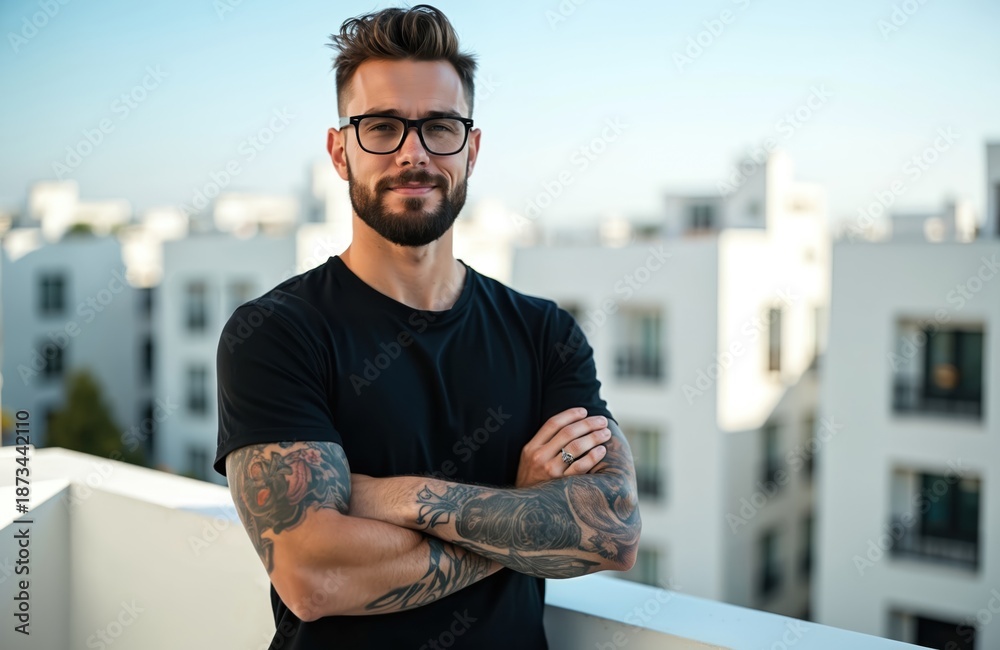Fototapeta premium Young man with beard glasses tattoos stands on terrace arms crossed. He wears black t-shirt looking confident. Modern buildings background city view. Male portrait urban lifestyle.