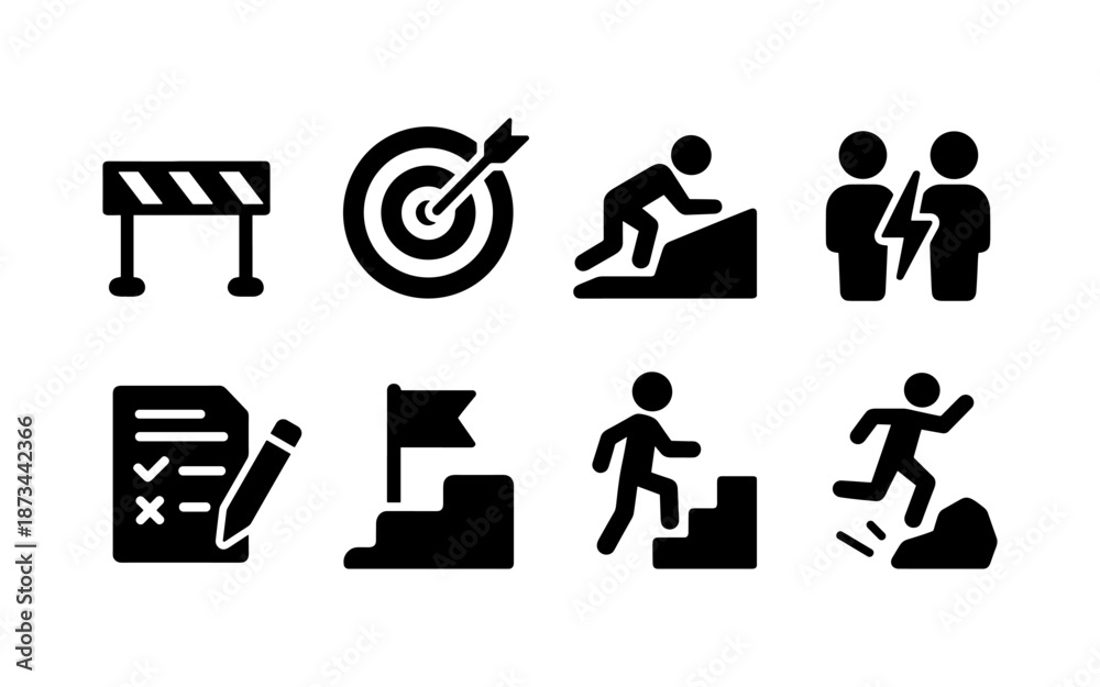 Obraz premium Set of icons representing business goals, challenges, and achievements in a clean, modern style