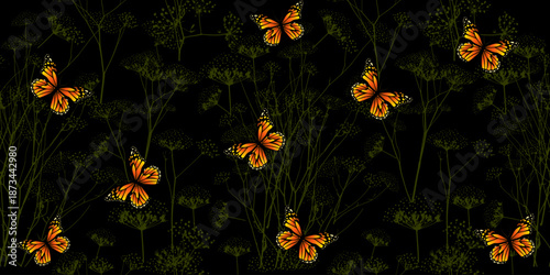 Seamless grass dill with butterflies on a dark background. Hand drawing. Not AI, Vector illustration