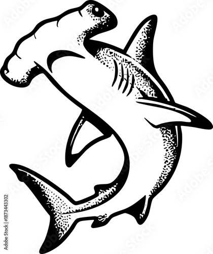 Clean Simple Hammerhead Shark Vector Classic American Traditional Shark Flash Design Tattoos, Stipple Dot Shading Sharks SVG. Also see Great White, Tiger Shark, Mako Sharks. Cricut crafts Vinyl cutter