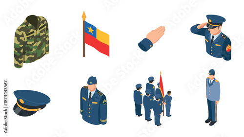 Isometric military elements: uniforms, salutes, and flags