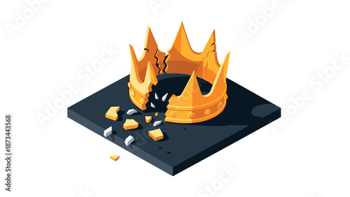 Isometric broken crown on stone platform: symbol of fallen power