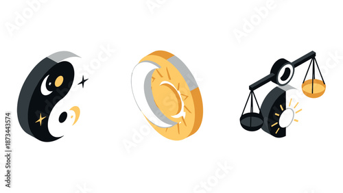 Isometric concept of balance and harmony with yin yang, day night, and scales