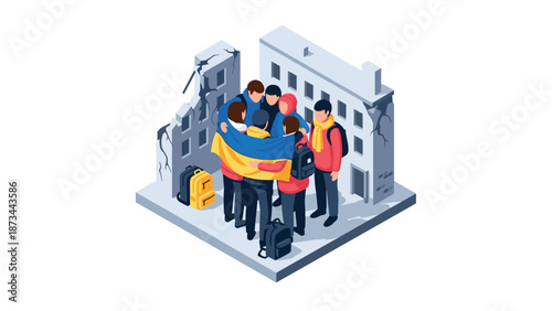 Group embracing unity in urban setting with flag among ruins