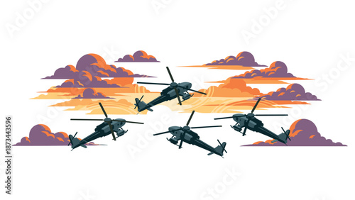 Vibrant sunset with flying helicopters and dramatic clouds in modern style