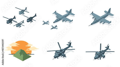 Isometric airplanes and helicopters with sunset mountain scene