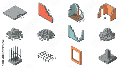 Isometric construction elements with cracks and damage for architectural design