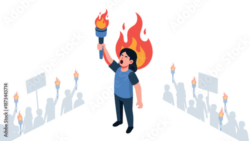 Protest concept with torch and flames in isometric style