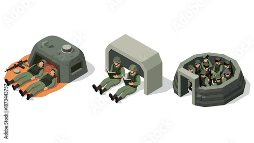 Isometric military bunkers with soldiers
