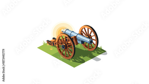 Isometric antique cannon on grass terrain with wooden wheels and metal barrel