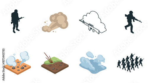 Military tactical icons set featuring soldiers and battle elements in isometric style