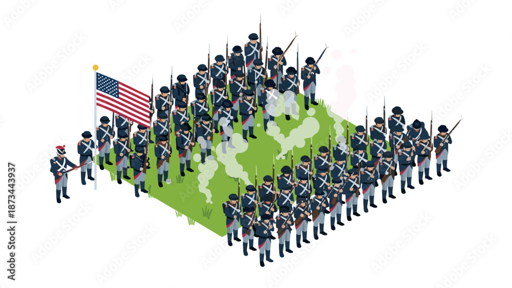 Fototapeta premium Isometric american civil war soldiers in formation with flag on battlefield