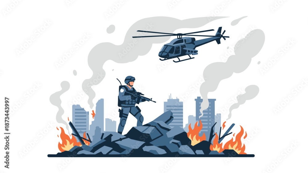 Fototapeta premium Urban warfare scene with soldier and helicopter in burning cityscape