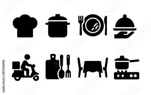 Collection of cooking and dining icons representing various culinary concepts and services