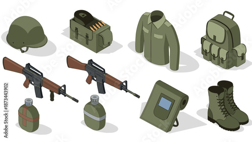 Isometric military gear set featuring guns, apparel, and accessories