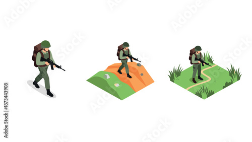 Isometric soldier on terrain: walking through hills and grasslands