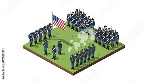 Isometric civil war soldiers in formation with american flag