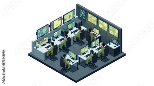 Isometric control room with team of professionals at work