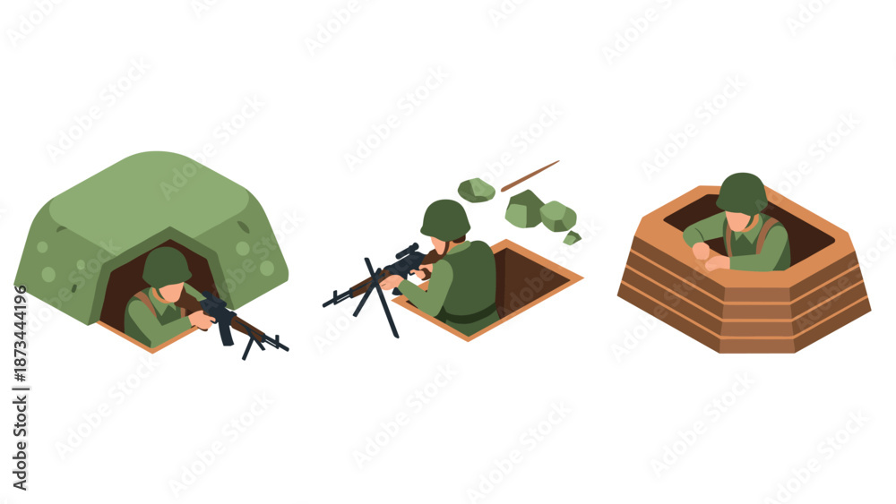 Fototapeta premium Isometric soldiers in combat bunkers set