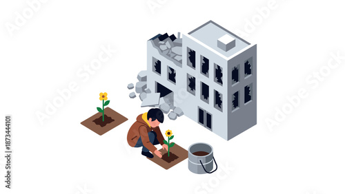 Hopeful garden in ruins: isometric depiction of rebirth and renewal after destruction