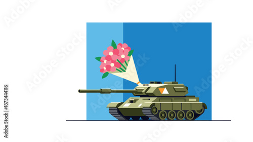 Colorful flowers emerge from military tank cannon in artistic juxtaposition