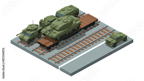 Isometric military vehicles on railroad transport