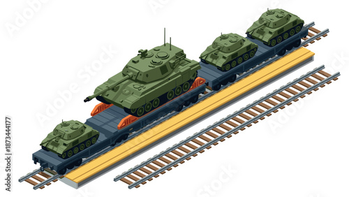 Isometric military tanks on train carriage: logistic transport of armored vehicles