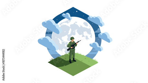 Soldier on hill with full moon and clouds in geometric style