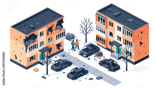 Isometric urban disaster scene with damaged buildings and vehicles