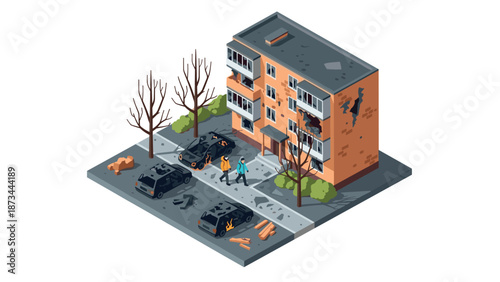 Isometric urban decay: abandoned apartment building with damaged cars