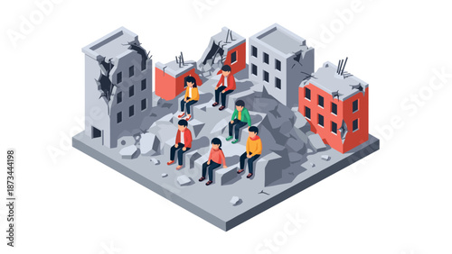 Isometric urban ruins with people amidst collapsed buildings