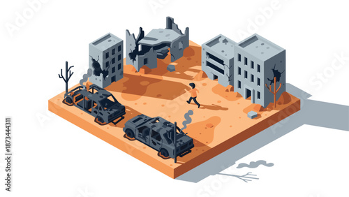 Isometric urban warzone with ruined buildings and vehicles