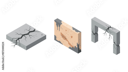Set of isometric cracked concrete structures for construction projects