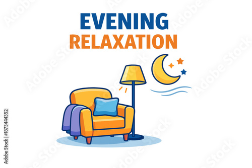 Cozy evening relaxation scene with armchair, lamp, and moon illustration