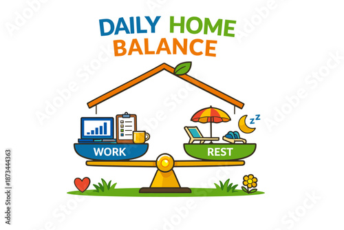 Balanced work and rest in daily life with home theme cartoon illustration