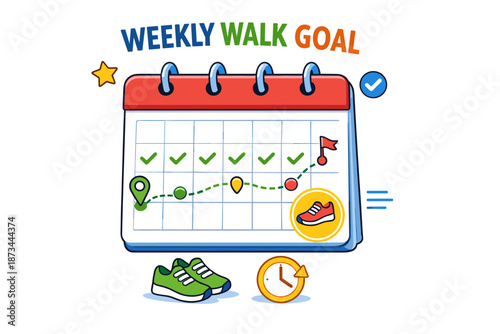 Weekly walk goal tracker with chart, sneakers, and clock icons