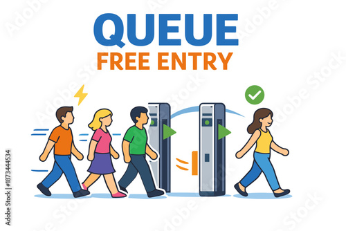 Cartoon characters entering gate without waiting in queue