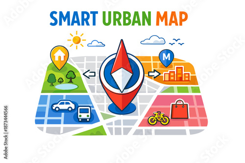 Smart urban map design with colorful landmarks and navigation symbols